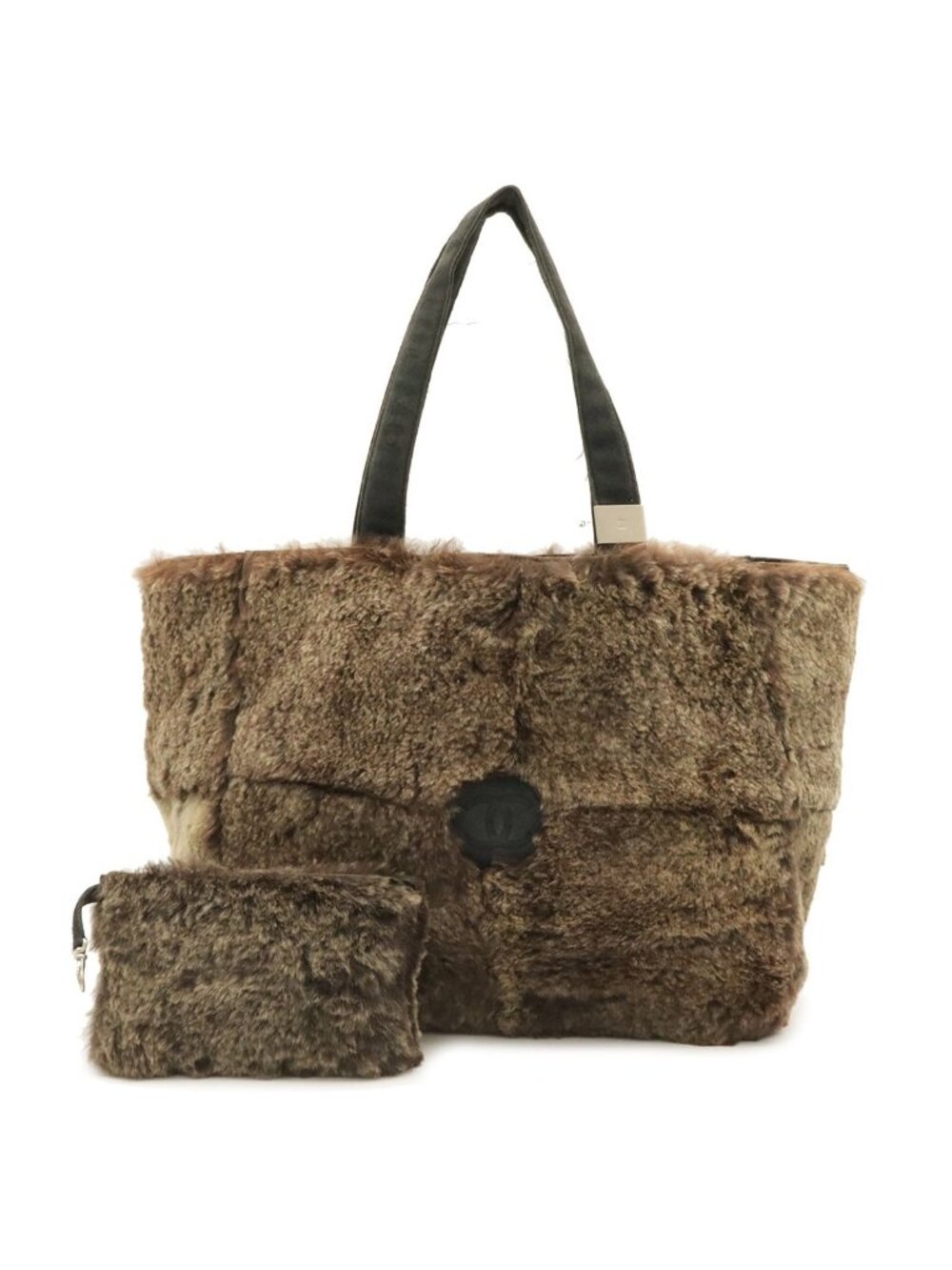 Chanel CC Logo Tote Fur Handbag Rabbit Fur Suede Brown Black